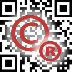 Copyright and registration mark icons on QR code.